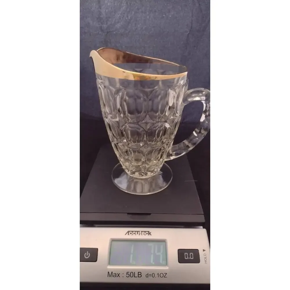 Vintage Jeanette Footed, Thumbprint glass pitcher, gold trim